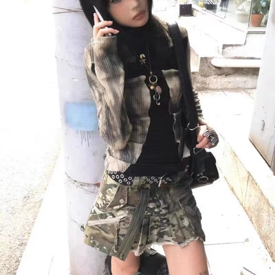 Women Y2K Clothing Ribbed Tops Vintage Harajuku Cross Print T-Shirt Grunge Aesthetic Long Sleeve Patchwork Tops Trend 2000S