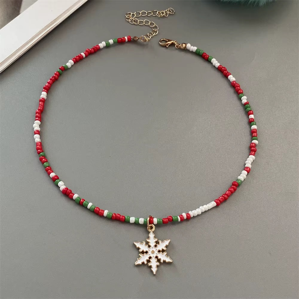 Christmas Necklaces for Women Handmade Rice Beads X'Mas Tree Santa Claus Snowman Necklace