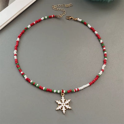 Christmas Necklaces for Women Handmade Rice Beads X'Mas Tree Santa Claus Snowman Necklace