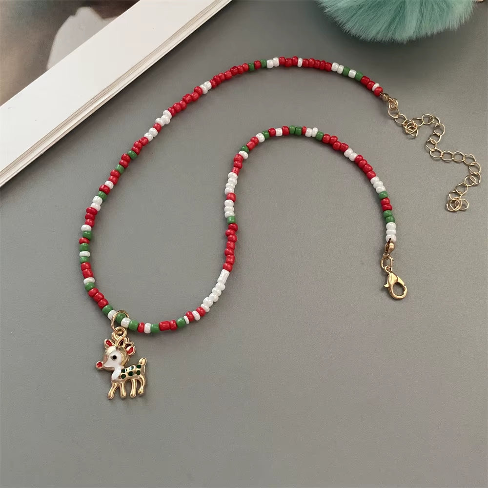 Christmas Necklaces for Women Handmade Rice Beads X'Mas Tree Santa Claus Snowman Necklace