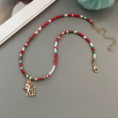 Christmas Necklaces for Women Handmade Rice Beads X'Mas Tree Santa Claus Snowman Necklace
